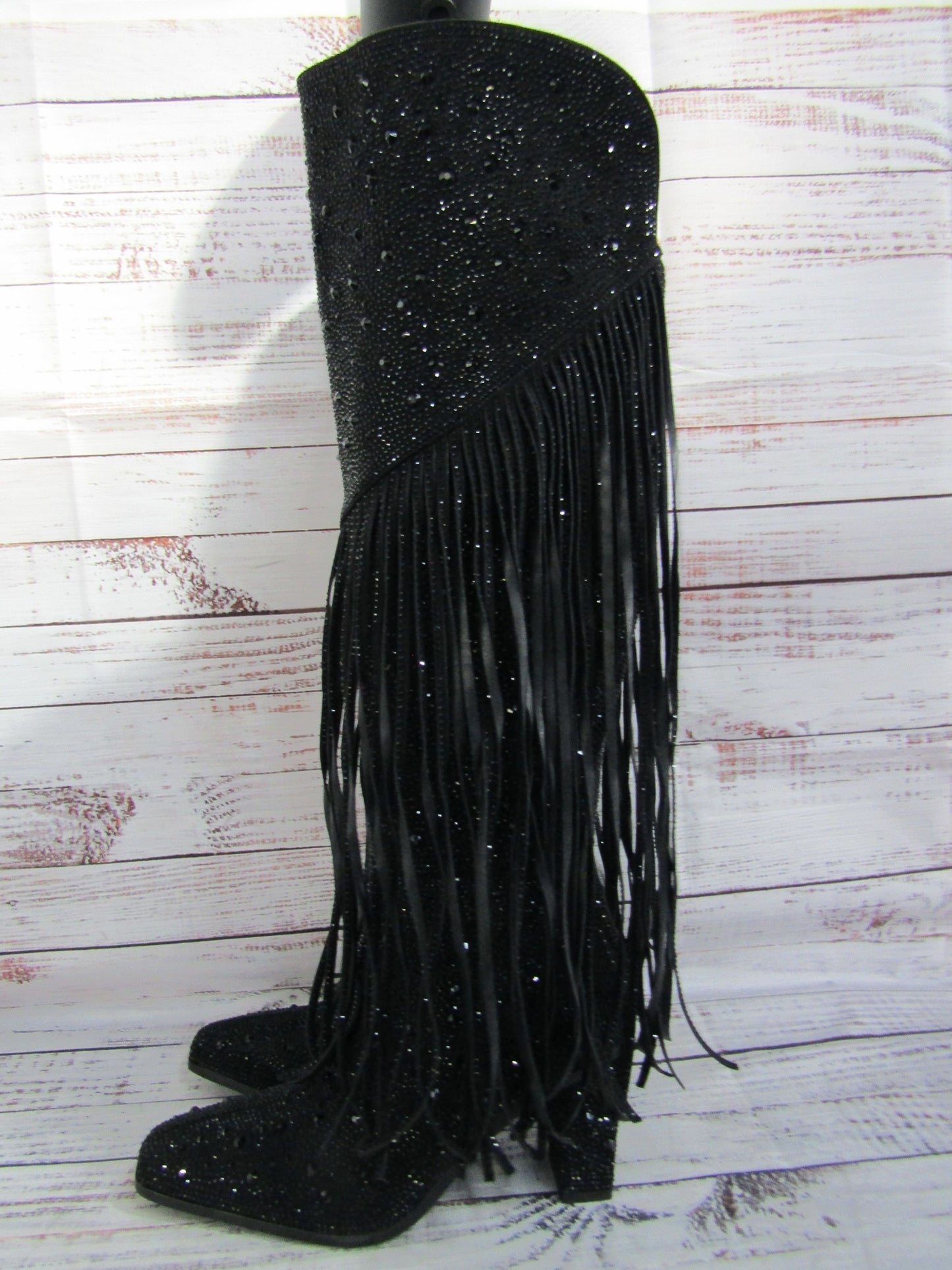 Ouepiano Women's Black Faux Leather Fringe Studded Western Boots Size 8