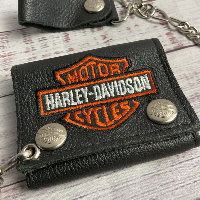 Harley Davidson Black Leather Tri-Fold Logo Patch Chain Wallet - Size 3.5"