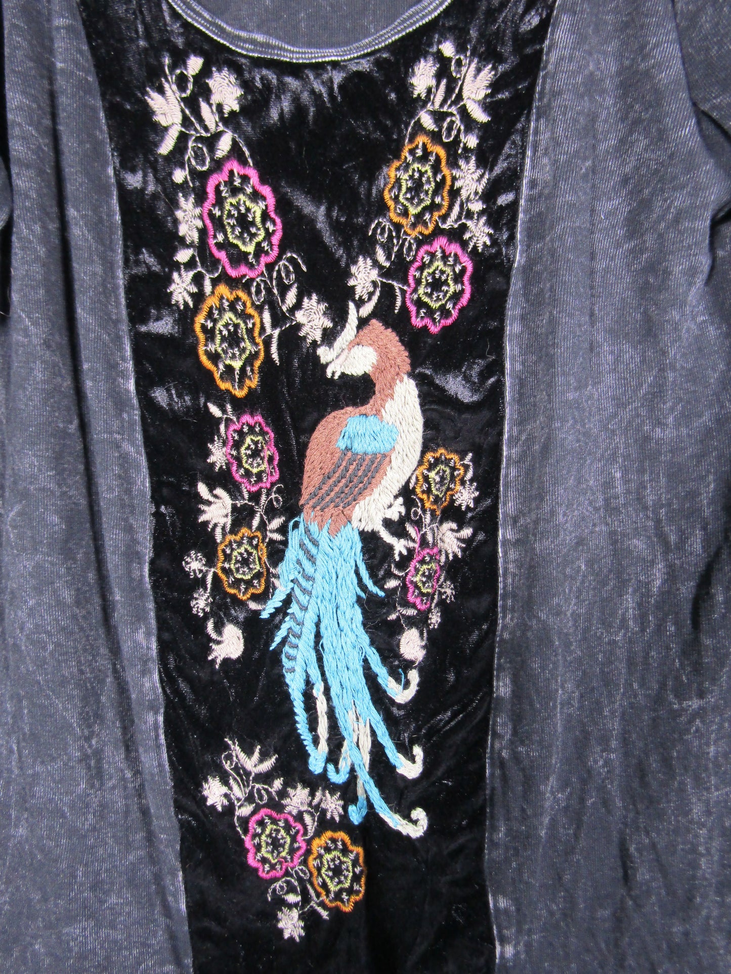 T Party Women's Black Acid Wash Floral Peacock Embroidered Blouse Size M