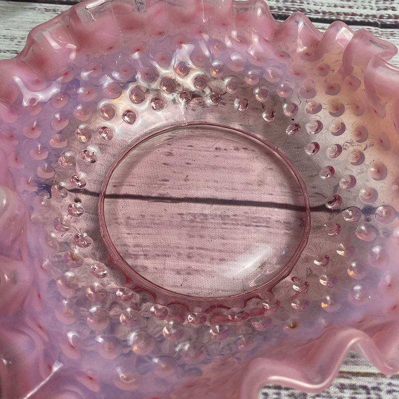 Set Of 2 Vintage Opalescent Pink Ruffle Edge Hobnail Glass 5" Trinket Dishes