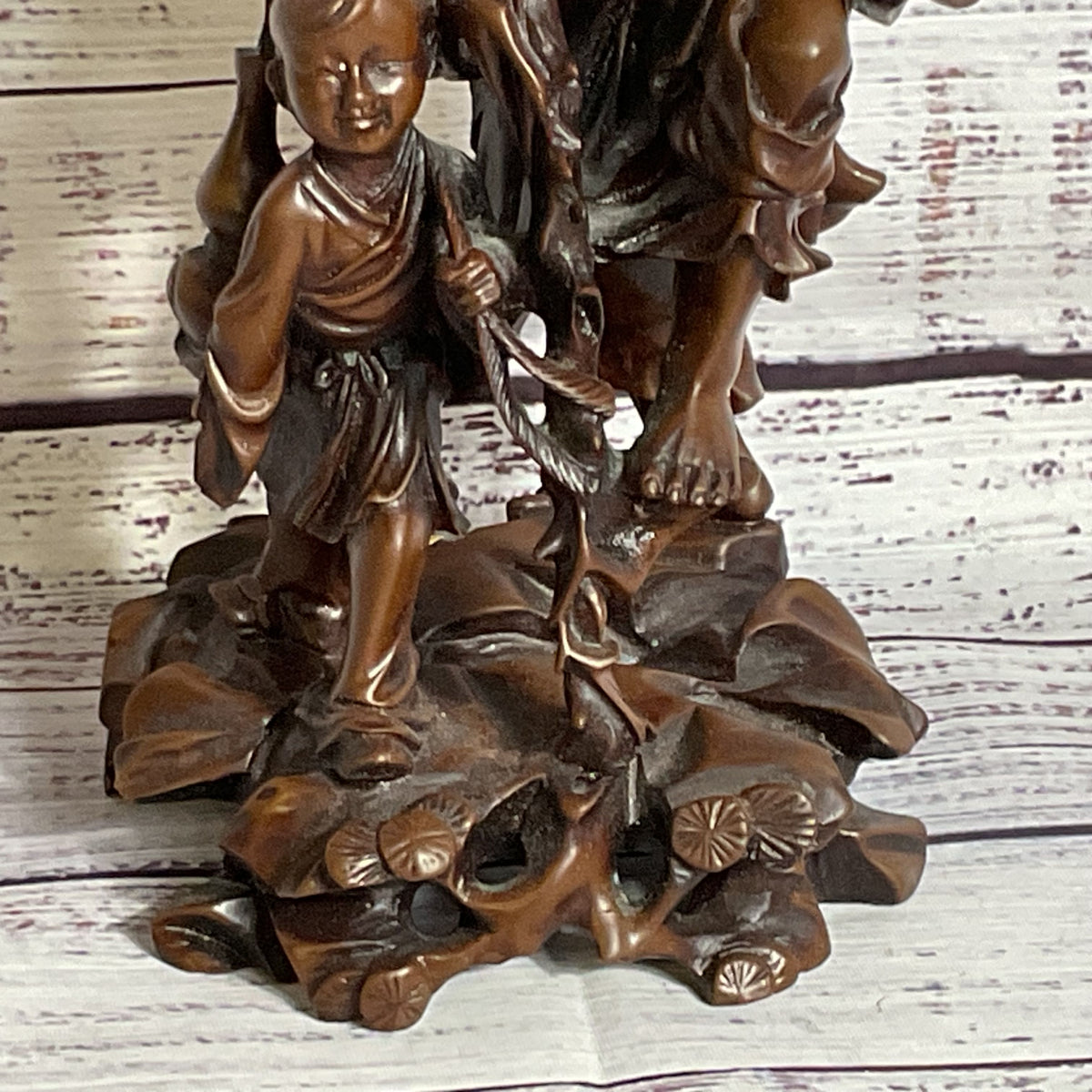 VTG./ANTIQUE Wood Carved Chinese Man, Child and Bat- 9"