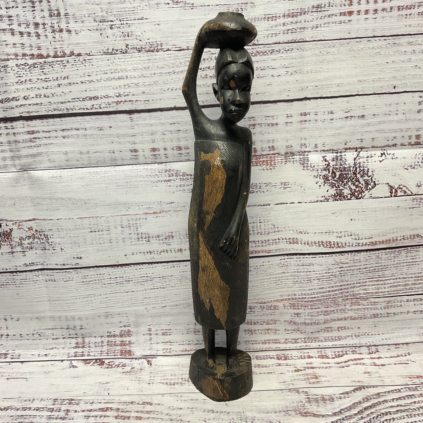 Hand Carved Kenyan Woman Carrying Pot On Head Statue Sculpture