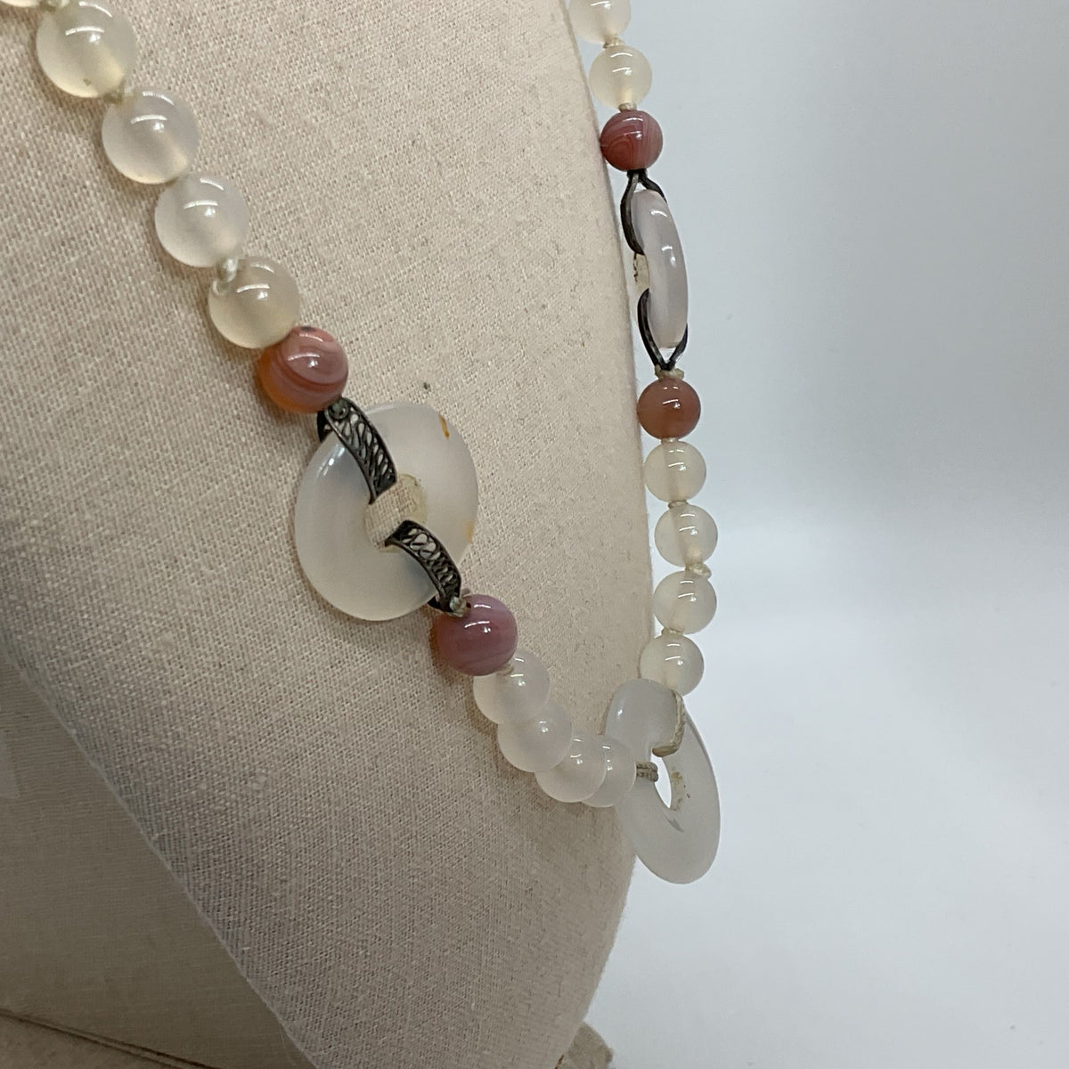 VTG. Sterling Silver Jade Beaded Necklace- 28.5"