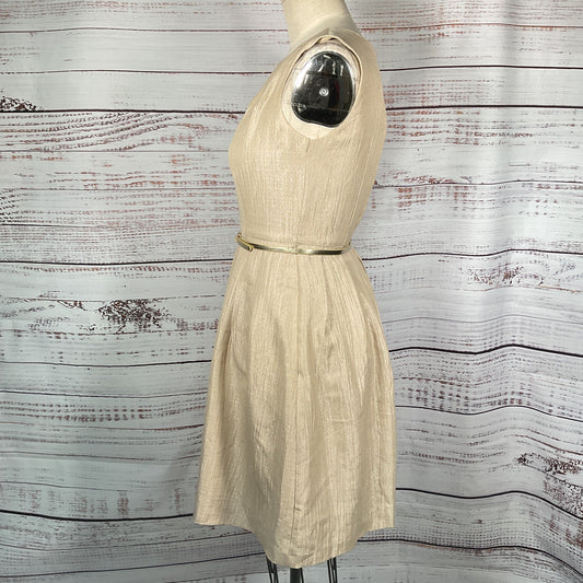 Ellen Tracy Beige Metallic Tone Sleeveless Belted Cocktail Dress - Size 2