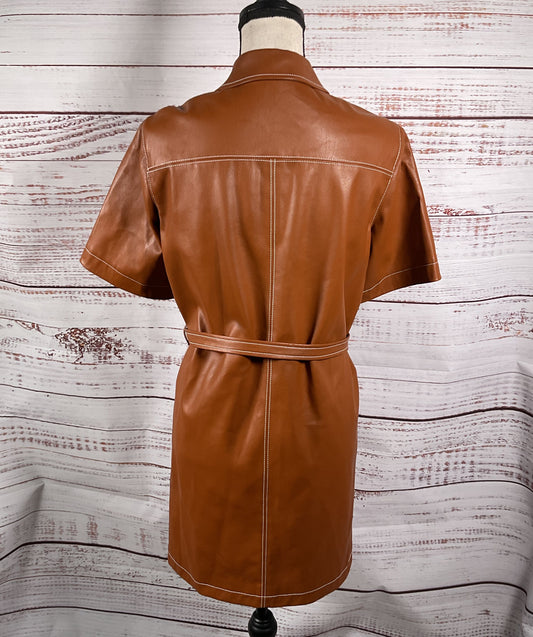 Staud Faux Leather Button Down Short Sleeve Dress Brown XS