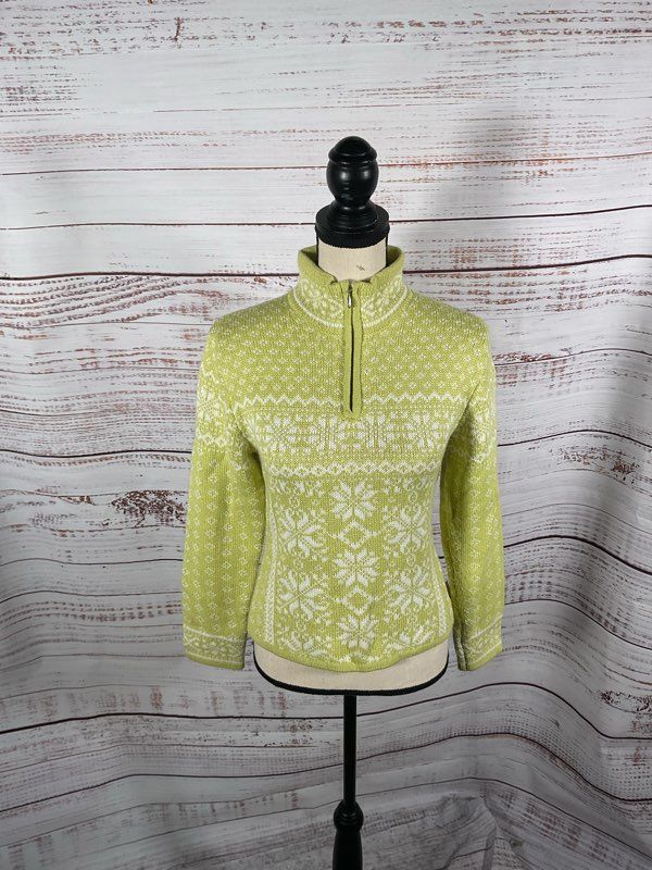Obermeyer Women's Quarter Zip Nordic Pattern Lime Green Sweater Size S