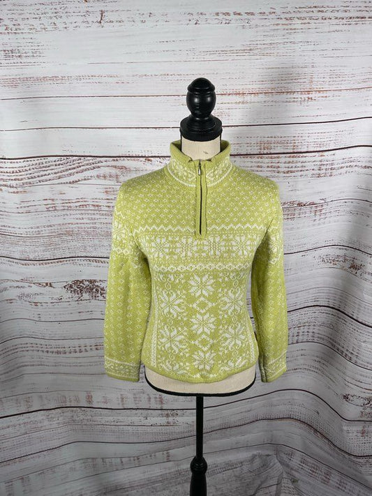 Obermeyer Women's Quarter Zip Nordic Pattern Lime Green Sweater Size S