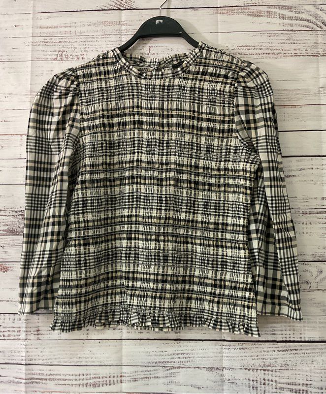 NWT Women's Ann Taylor Black White and Beige Plaid LS Top Size S