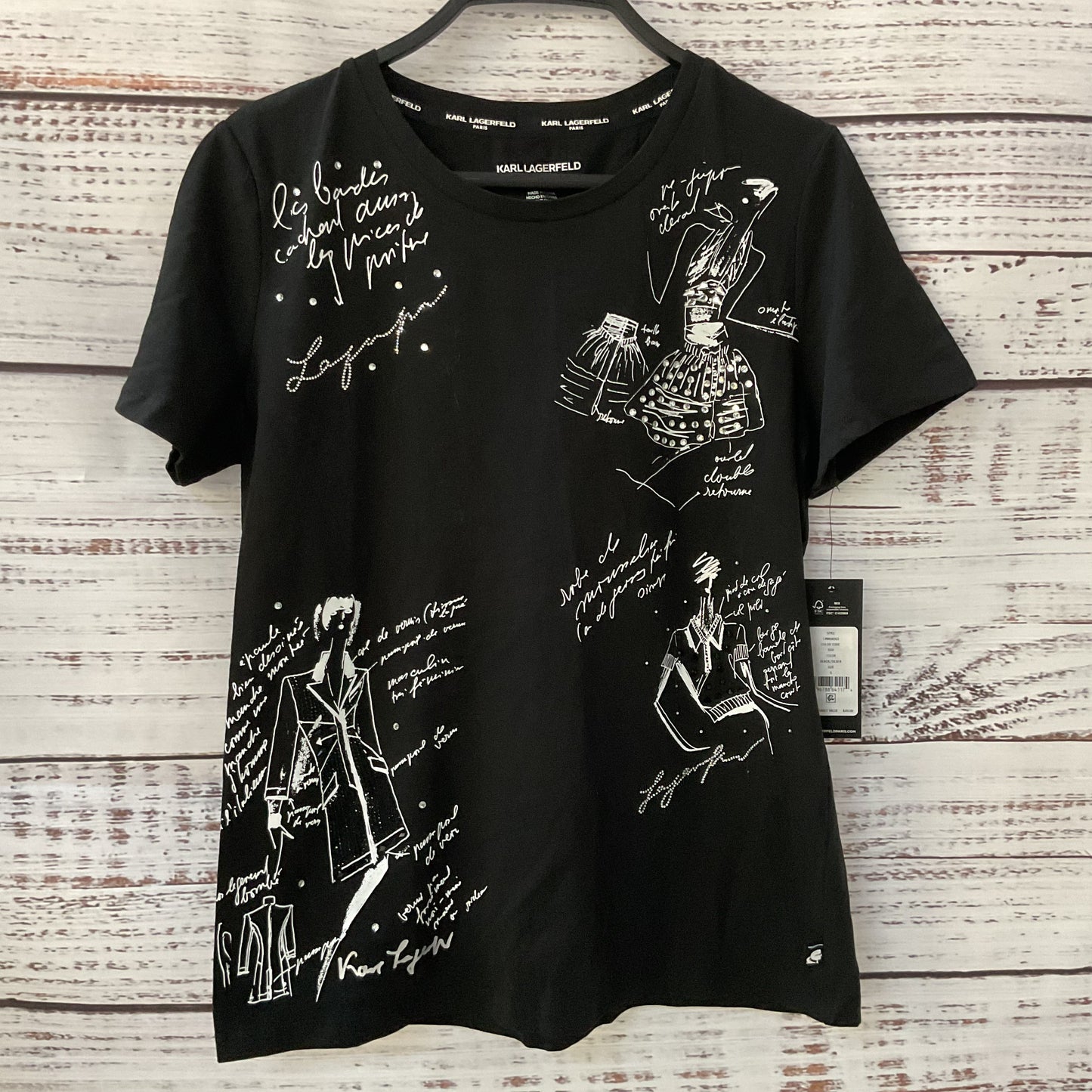 NWT KARL LAGERFELD Paris Women's Black Embellished Print T-Shirt- SZ S