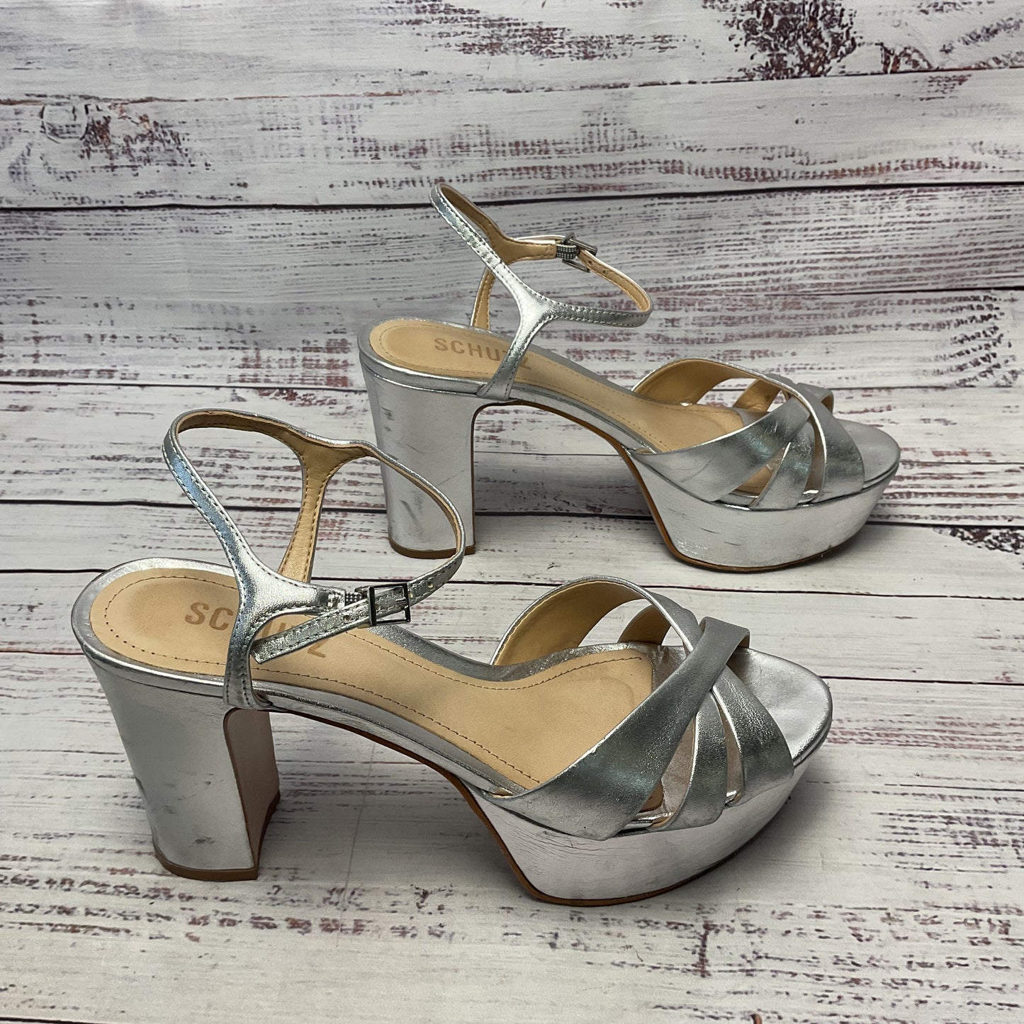 Schultz Keefa Silver Platform Heel Ankle Buckle Women Size 7.5