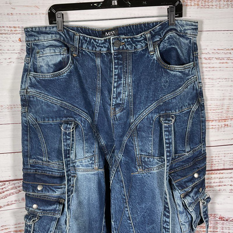 Boohoo Man Wide Leg Trim Detail Utility Cargo Festival Ravewear Jeans - Size 42