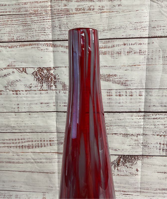 Vintage Murano Art Style Grey & Red Hand Blown Long Vase 15.5"