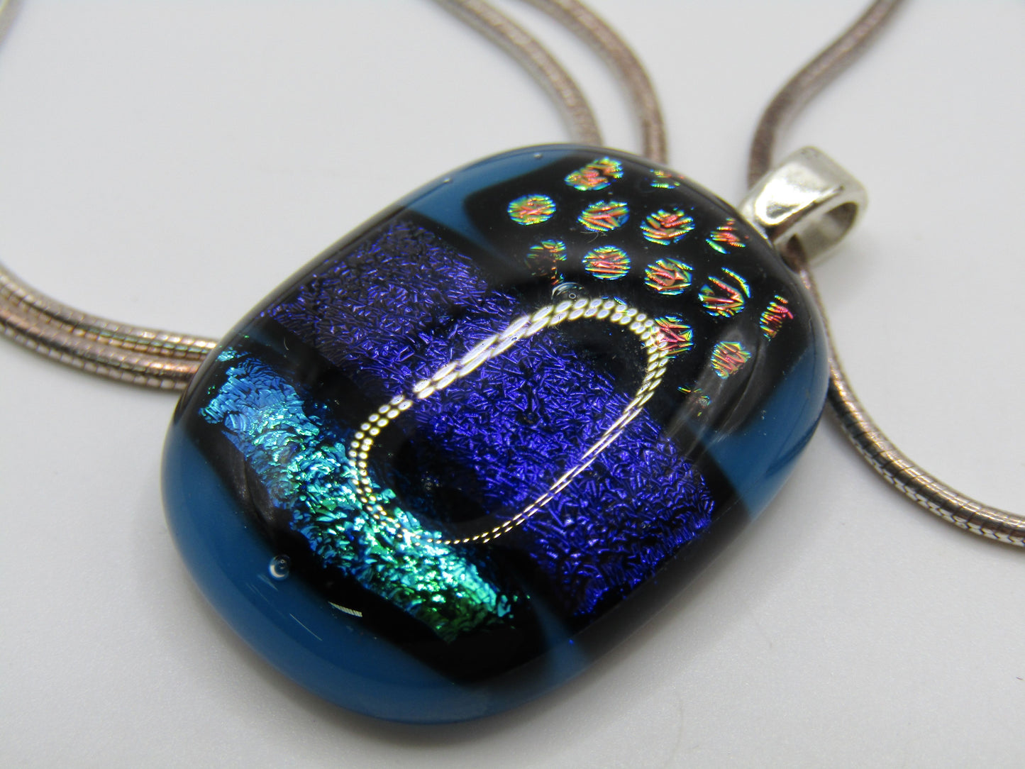 Vintage Artisan Handcrafted Dichroic Glass Pendant Sterling Silver Necklace
