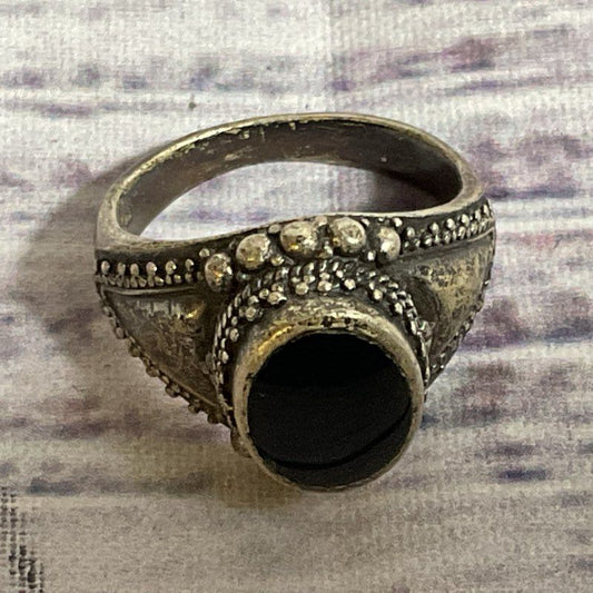 Sterling Silver & Onyx Beaded SZ 7 Ring- 6.98g