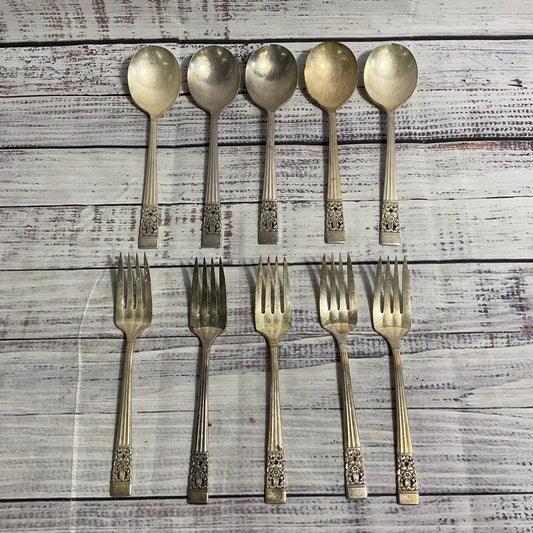 VTG. Oneida Community Coronation Silver Plate Flatware Set 5 Forks, 5 Spoons