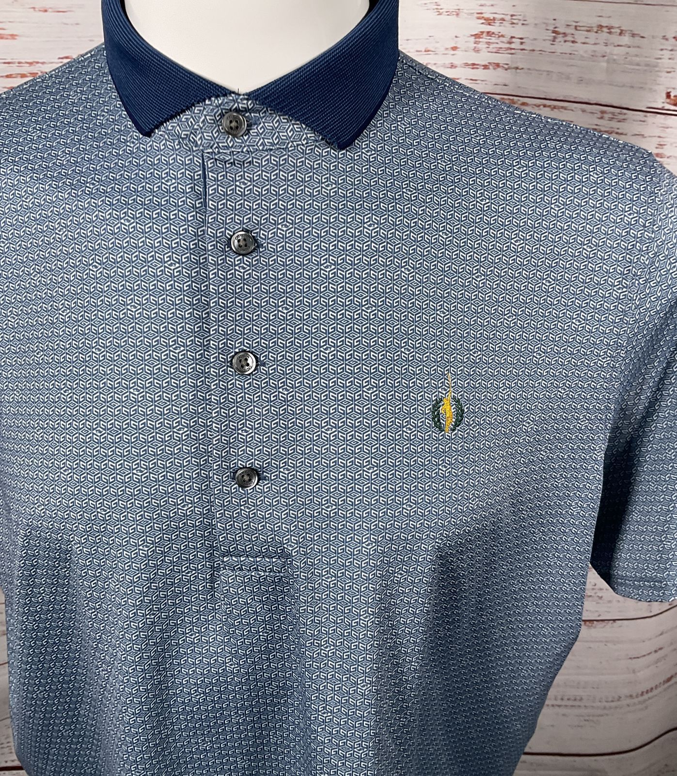 Greyson Geometric Patterned Short Sleeve Polo Shirt Blue XL