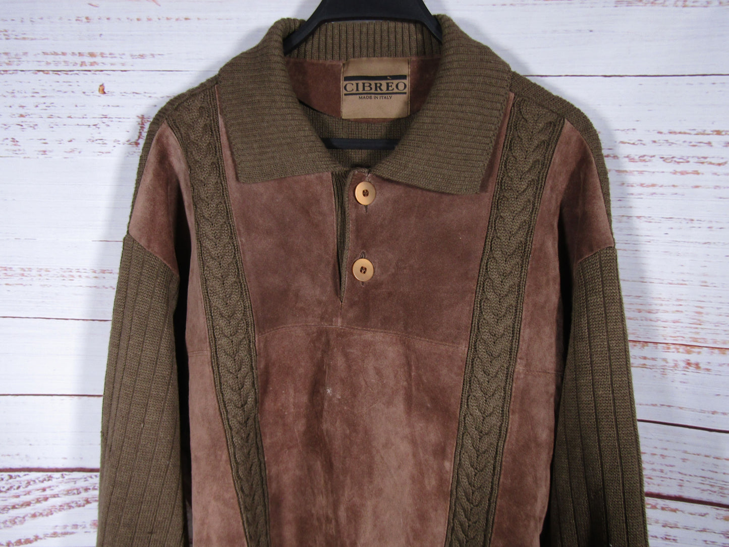 Vintage Cibreo Men's Brown Knit Suede Trim Sweater Size L