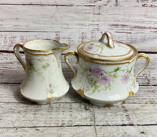 Limoges Vintage Floral Set of 2 Creamer & Sugar Bowl White Multicolor