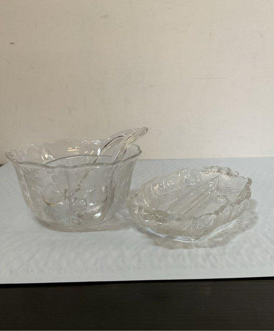 Etched Floral Clear Divided Round Condiment/ Relish Bowl With Spoons -Small Tray