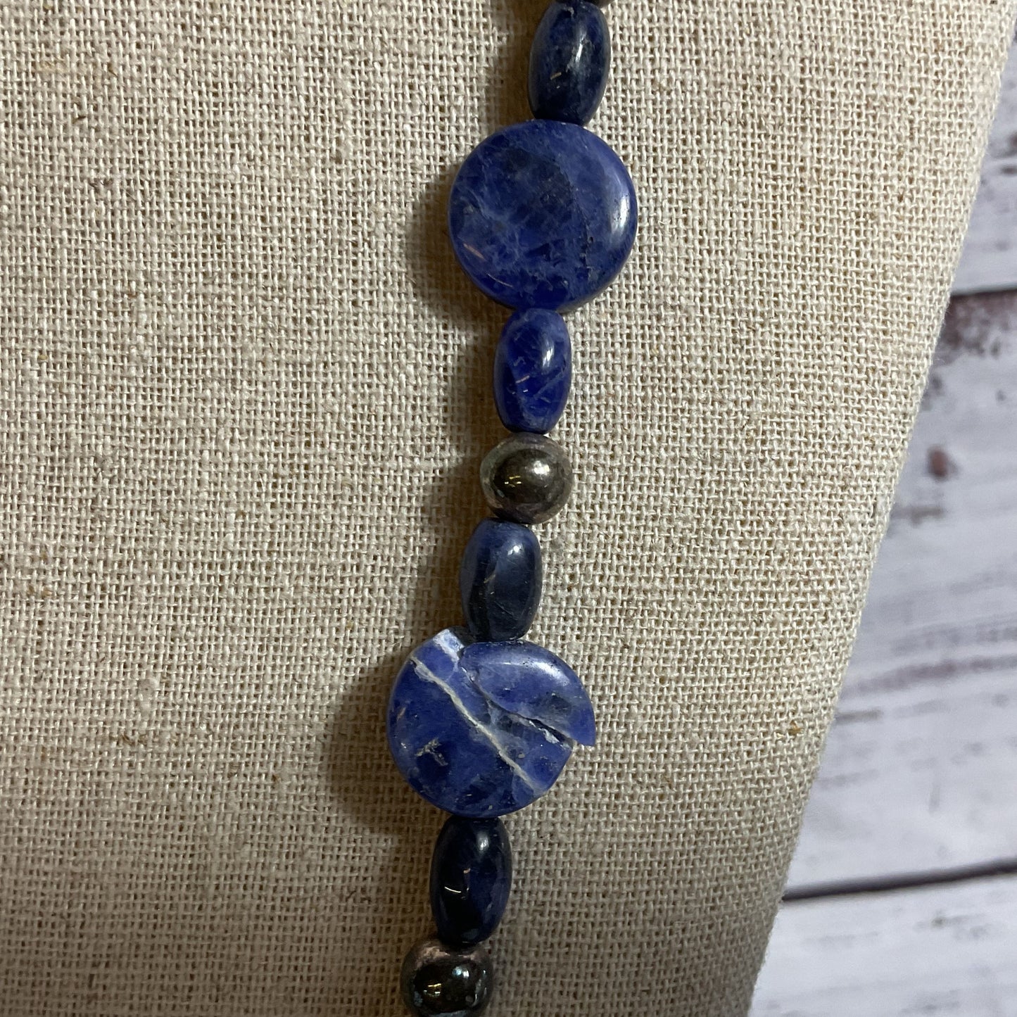Sterling Silver Disc and Tubular Lapis Beaded 27" Necklace