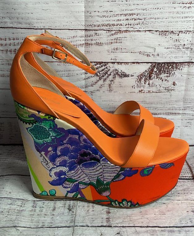 Roberto Cavalli Satin Floral Print Platform Wedge Heels 38.5