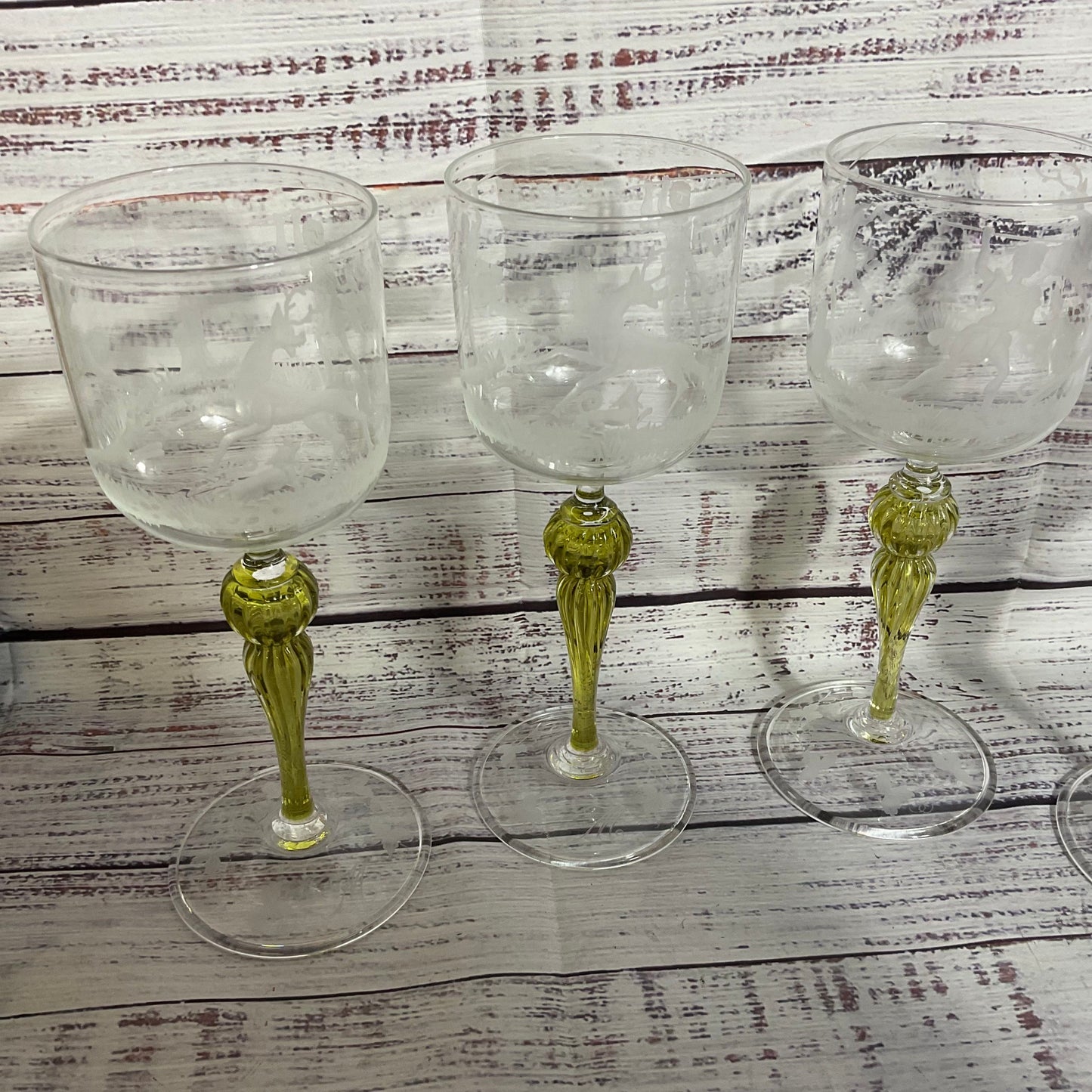 Set of 4 VTG./ANTIQUE SALVIATI Italy Murano Long Stem Etched Wine Glassware- 8"