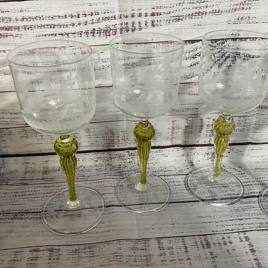 Set of 4 VTG./ANTIQUE SALVIATI Italy Murano Long Stem Etched Wine Glassware- 8"