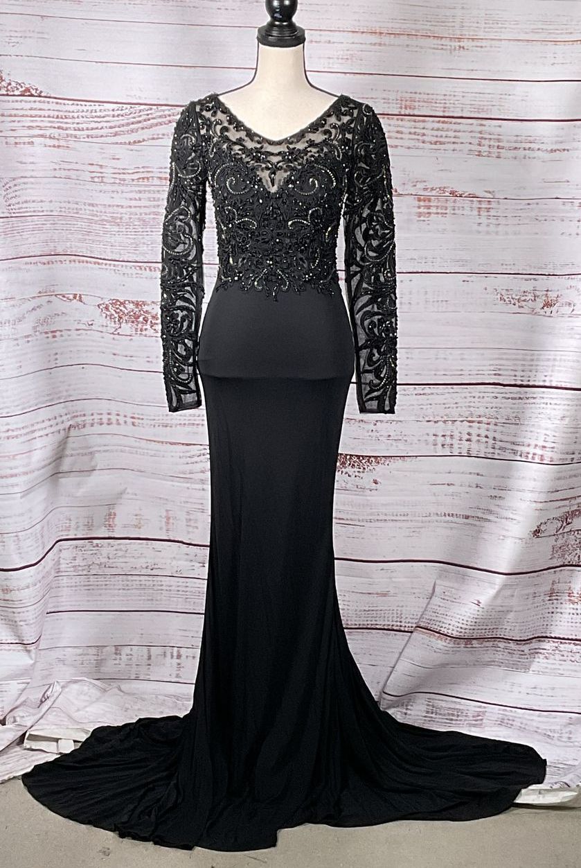 Terani Lacy Mermaid Long-Sleeve Gown Black 4