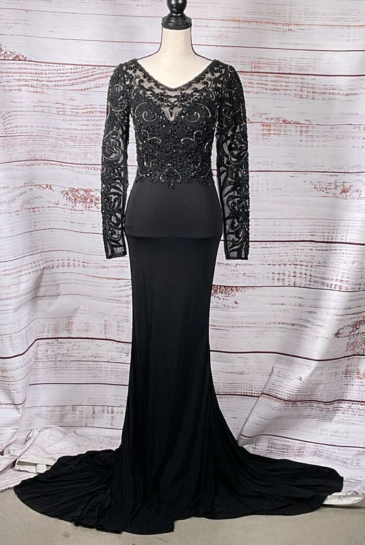 Terani Lacy Mermaid Long-Sleeve Gown Black 4