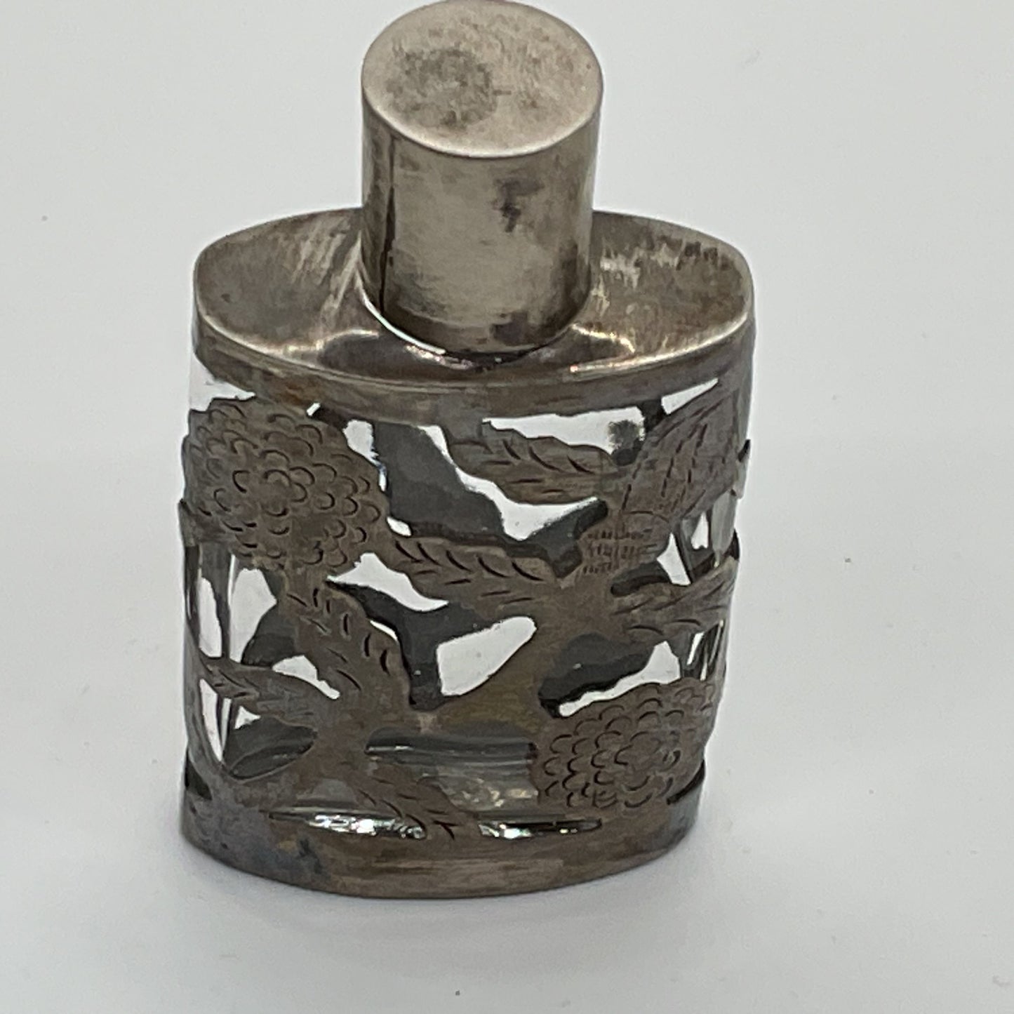 VTG./ANTIQUE Mexico Sterling Silver Overlay 2.5" Mini Perfume Bottle Flask