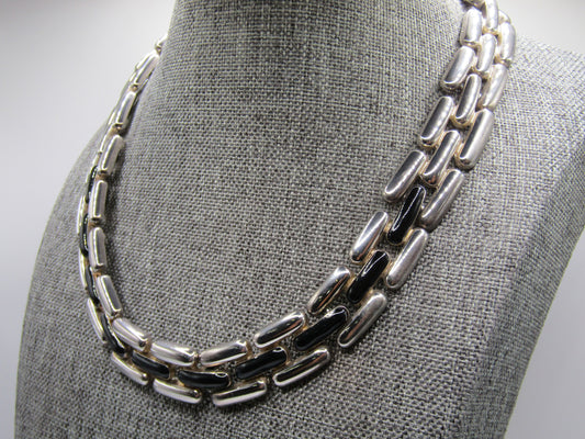 Vintage 15" Silver Plated Onyx Inlay 15mm Panther Link Necklace
