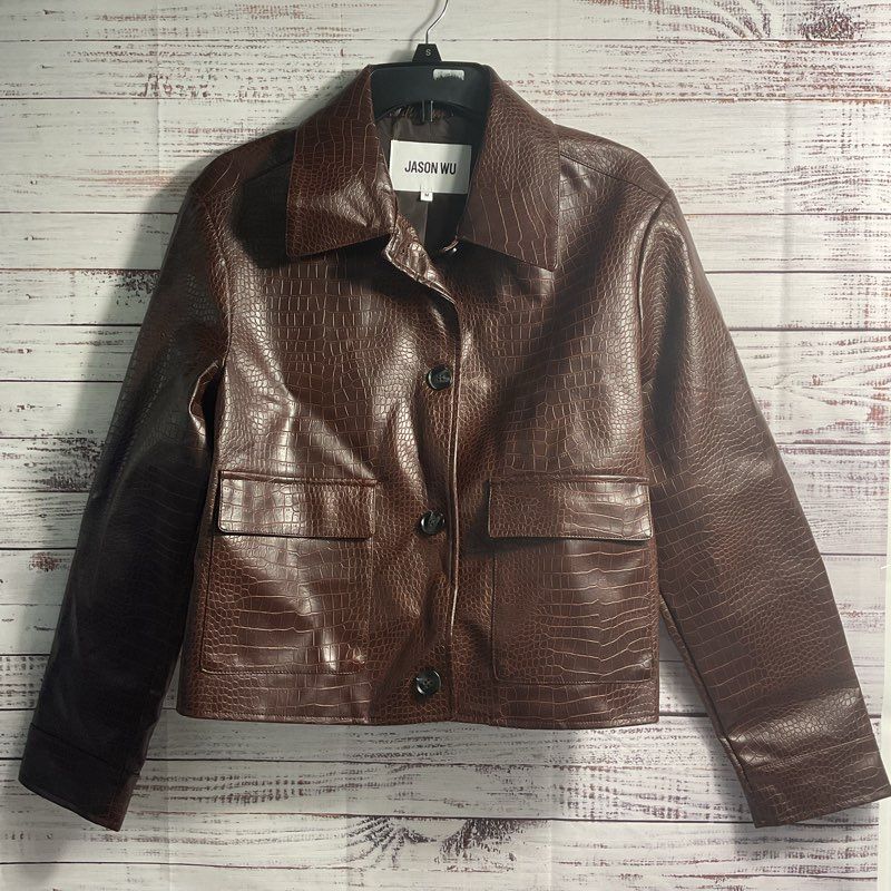 Jason Wu Brown Faux Leather Croc Embossed Cropped 2 Pocket Blazer Jacket Size M