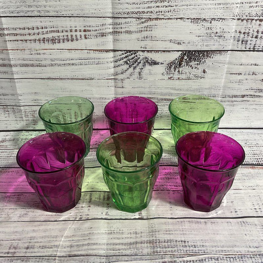 Lot Of 6 Duralex Pink & Green Colored Glass Tumblers 3.5"