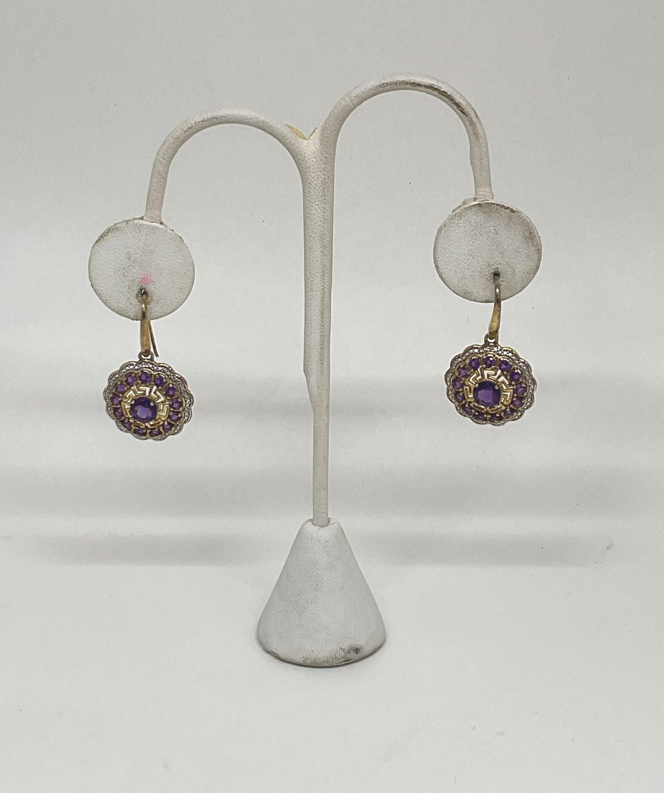 Gold Tone Sterling Silver Drop Earrings with Purple Amethysts