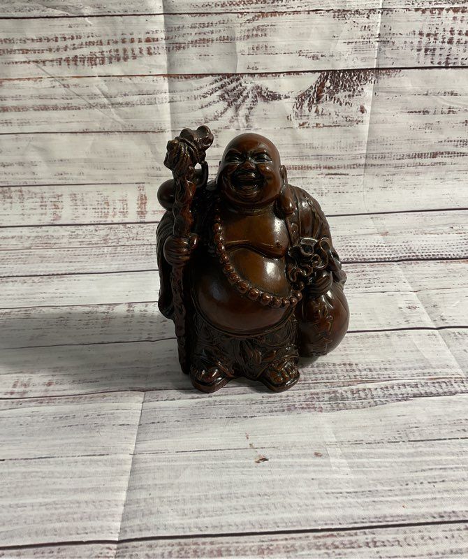 Vintage Laughing Buddha Brown Resin Statue/figure 6"
