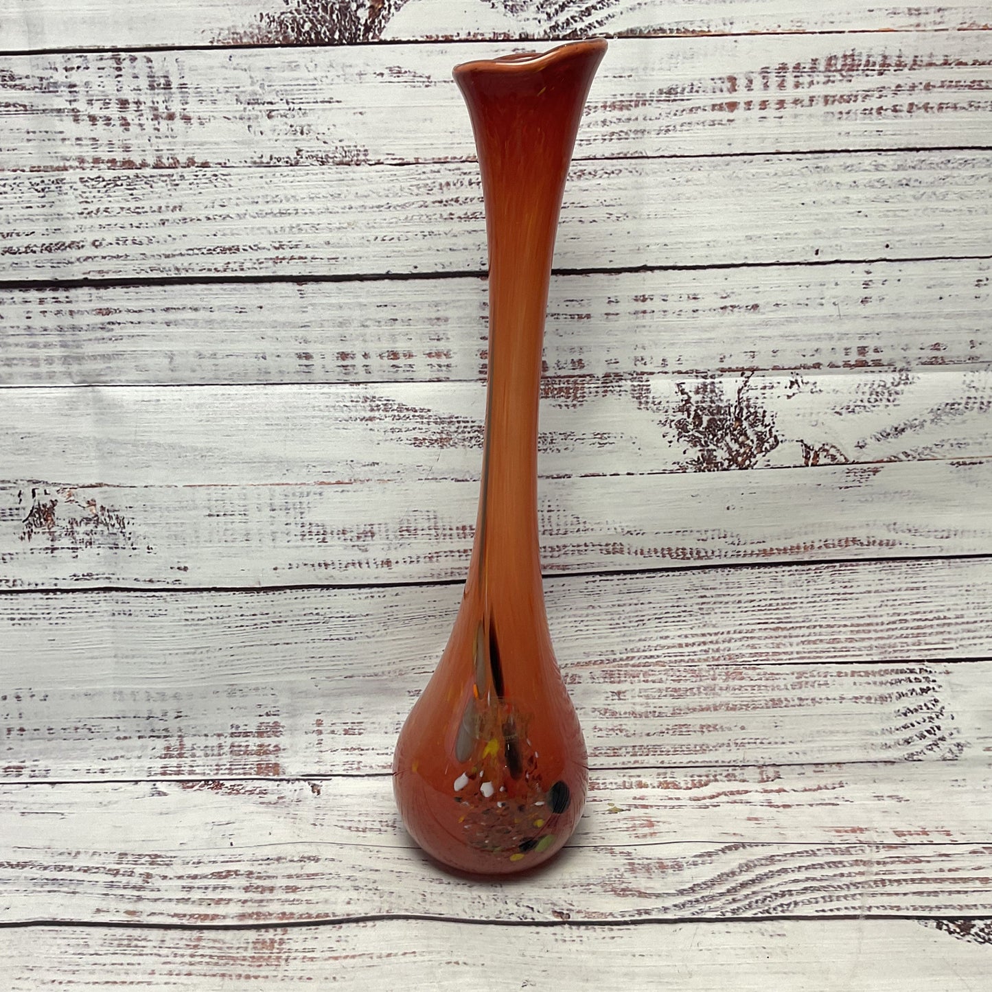 Nico Glass Romanian Tall Tube Slender Neck Orange Multicolor Swirl Vase 14.5"