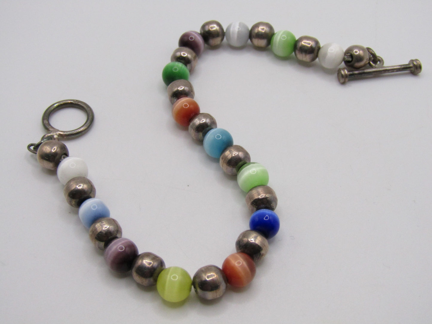 6 3/4" Sterling Silver 6mm Multi-Color Beaded Tiger's Eye Beaded Toggle Bracelet