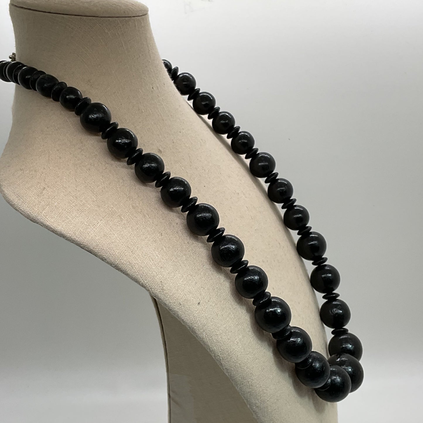 Sterling Silver Black Wood Graduated Beaded Necklace- 25"