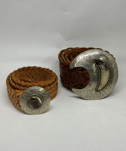 Lot 2 MOROCCAN Brown Leather Woven Belt