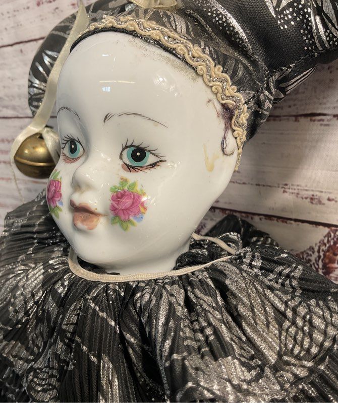 Vintage Porcelain Clown Doll Harlequin Floral Cheeks Black Silver Attire 17"