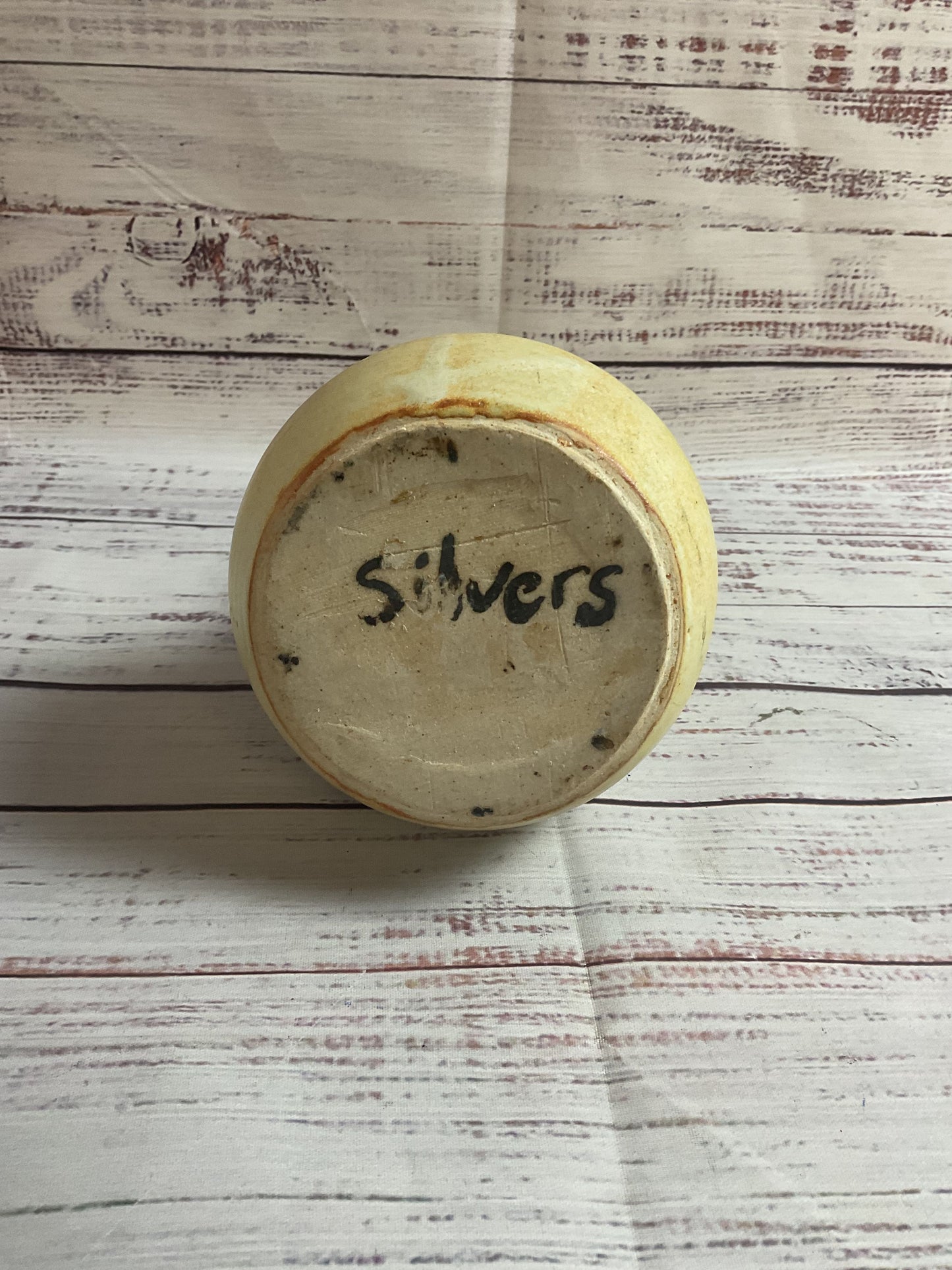 Cream Banded Neck 'Mom' Vase Signed "Silvers"