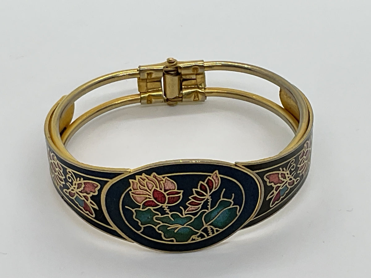 VTG. Brass Cloisonne Floral Hinged Bangle Bracelet- 6.75"