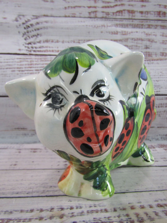 Turov Hand Painted Ladybug Ceramic Pig Figurine
