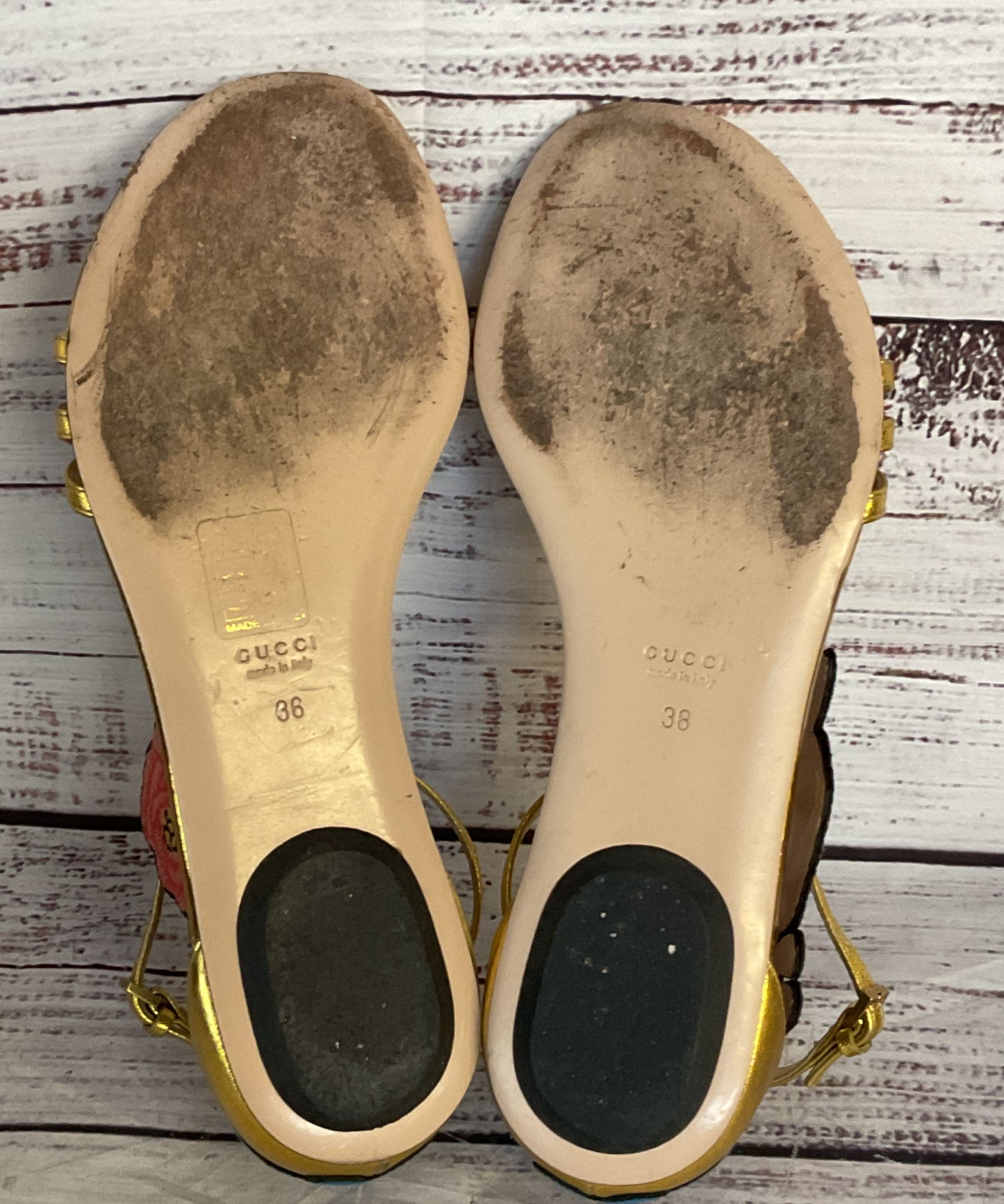 Gucci Leather Ophelia Floral Embroidered Flat Sandals Gold 6