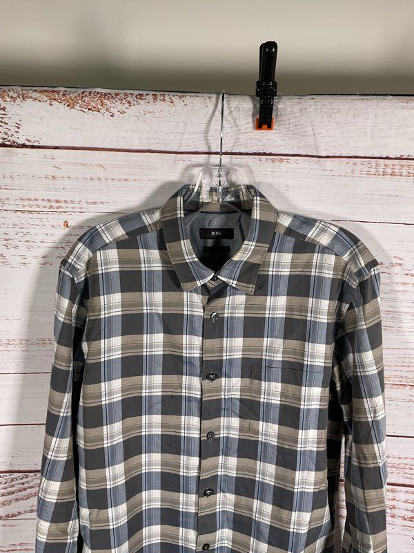 Hugo Boss Men's Long Sleeve Buttoned Plaid Shirt Blue & Grey Size L