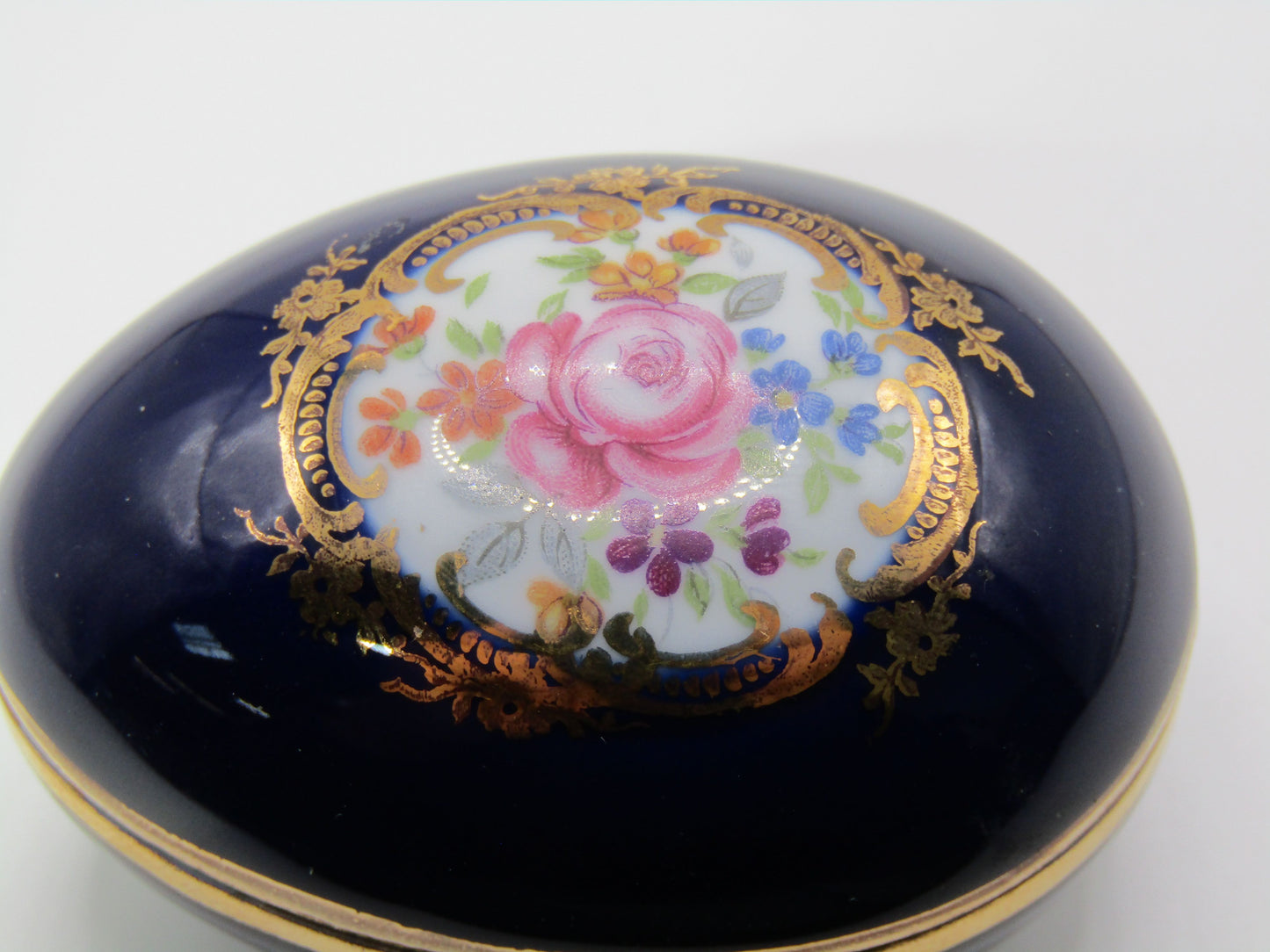 Vntg Limoges Castle Floral Cobalt Blue 24k Gold Wash Trinket Box Made in France