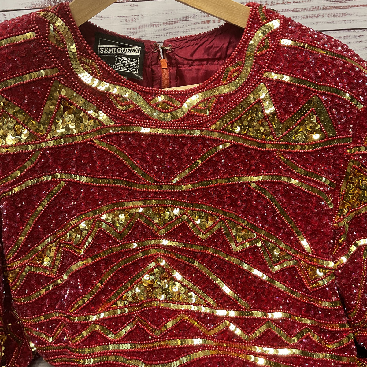 Semi Queen Red Silk Gold Bead Sequin Long Sleeve Dress - Size L