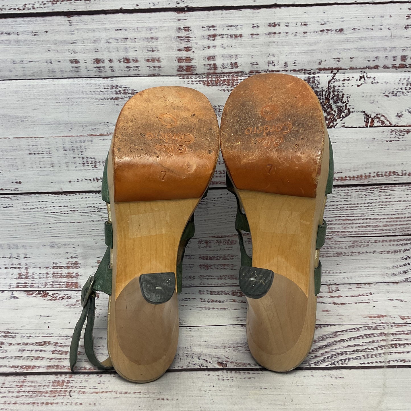 Colleen Cordero Green Leather Wooden Clog Platform Heel Women Size 7