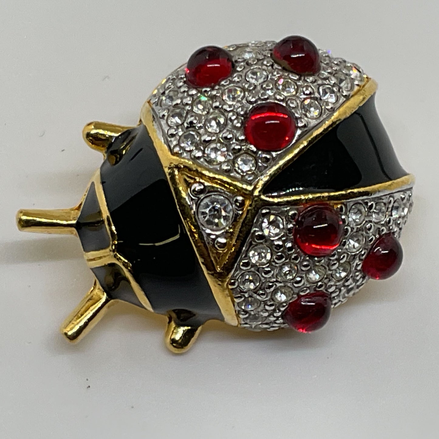 VTG. JOAN RIVERS Gold Tone & Rhinestone Lady Bug Brooch- 1.25"