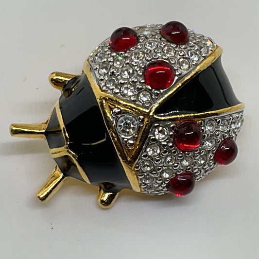 VTG. JOAN RIVERS Gold Tone & Rhinestone Lady Bug Brooch- 1.25"